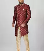 Red anghrakha pattern work with fawn pipe in indo western