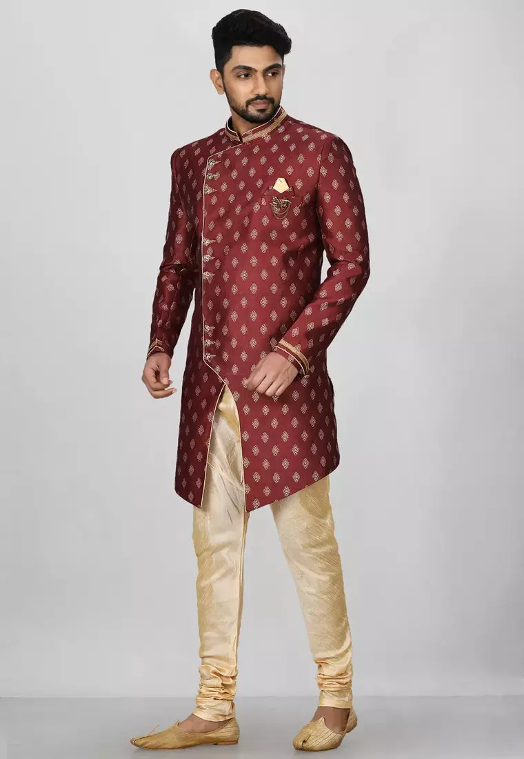 Red anghrakha pattern work with fawn pipe in indo western