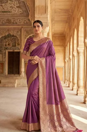 Lavender soft banarasi silk fabric saree with natural zari weaving in gala border