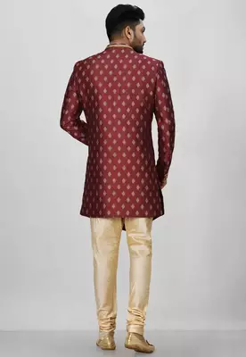 Red anghrakha pattern work with fawn pipe in indo western 4