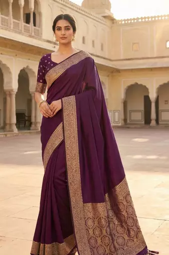 Wine soft banarasi silk fabric saree with natural zari weaving in gala border