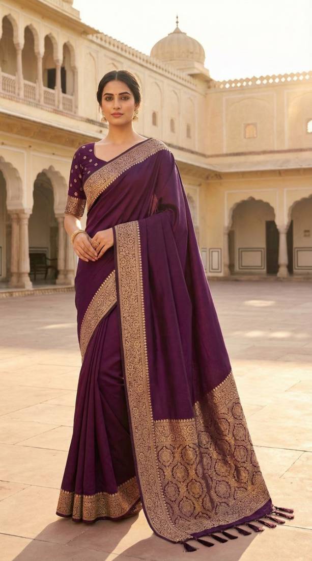 Wine soft banarasi silk fabric saree with natural zari weaving in gala border