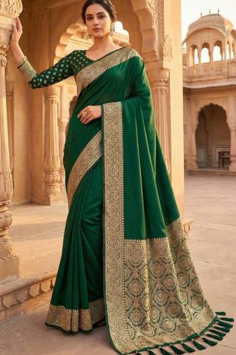 Green soft banarasi silk fabric saree with natural zari weaving in gala border
