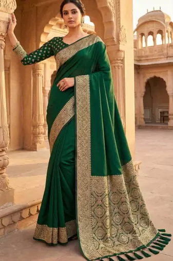 Green soft banarasi silk fabric saree with natural zari weaving in gala border