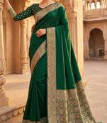 Green soft banarasi silk fabric saree with natural zari weaving in gala border