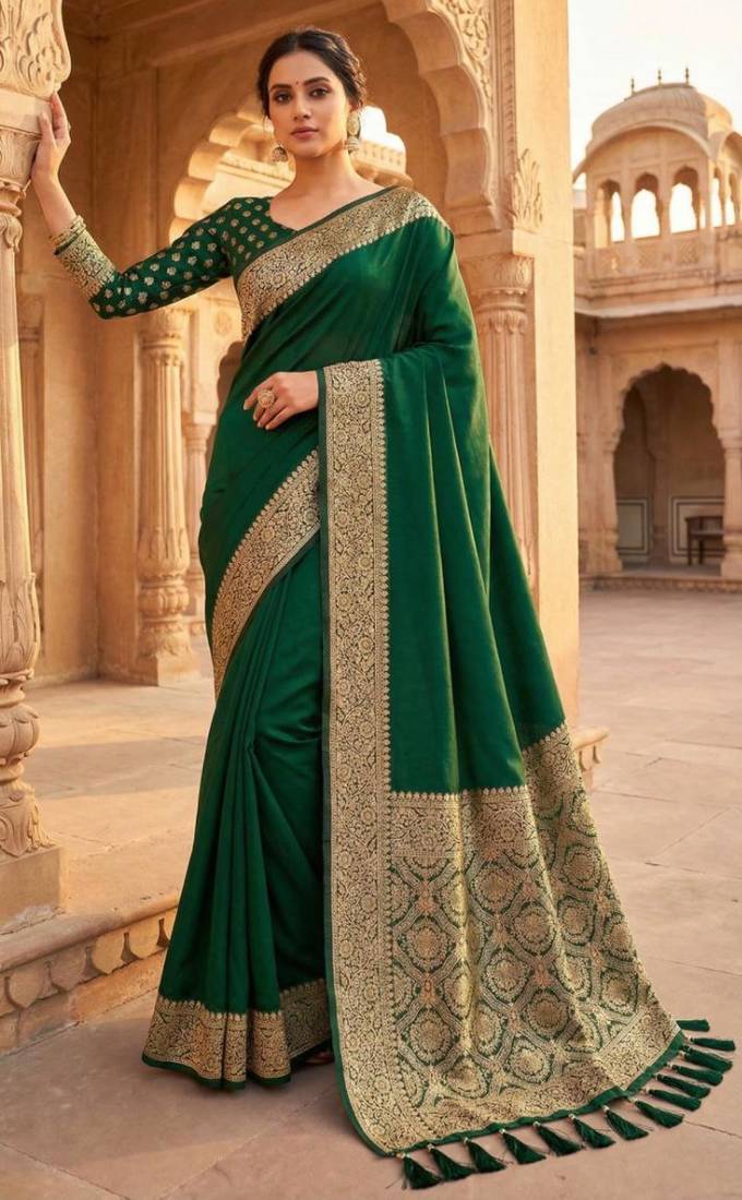 Green soft banarasi silk fabric saree with natural zari weaving in gala border