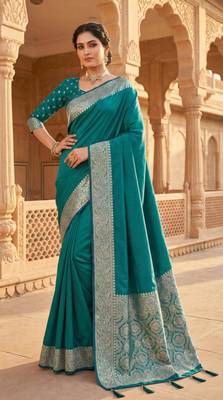 Sea greensoft banarasi silk fabric saree with natural zari weaving in gala border 1