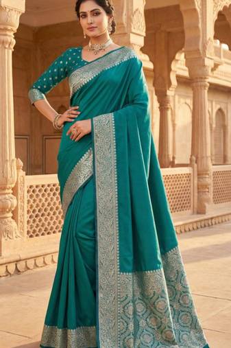Sea greensoft banarasi silk fabric saree with natural zari weaving in gala border