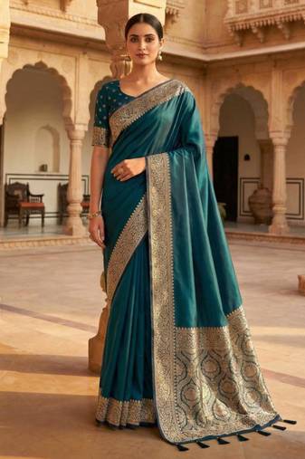 Teal soft banarasi silk fabric saree with natural zari weaving in gala border