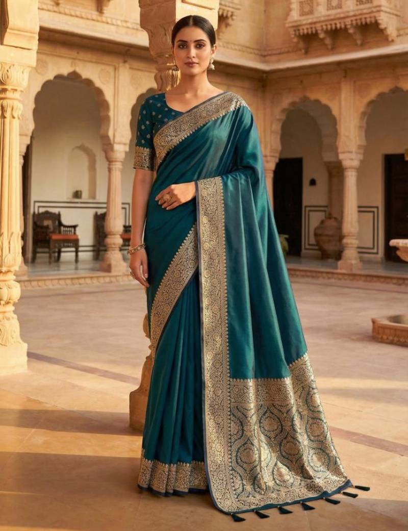 Teal soft banarasi silk fabric saree with natural zari weaving in gala border