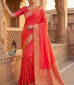 Peach soft banarasi silk fabric saree with natural zari weaving in gala border