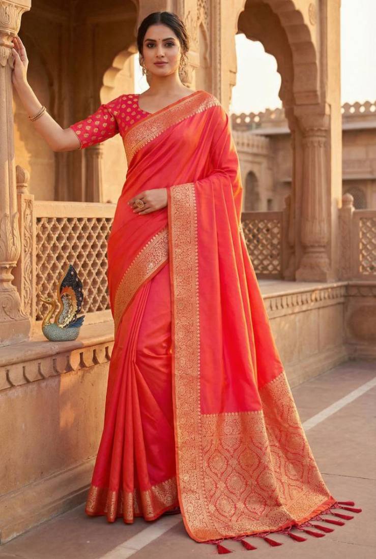 Peach soft banarasi silk fabric saree with natural zari weaving in gala border