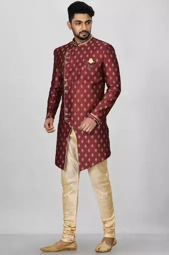 Red anghrakha pattern work with fawn pipe in indo western