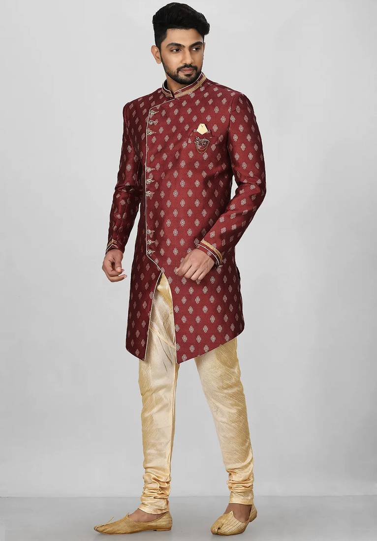 Red anghrakha pattern work with fawn pipe in indo western