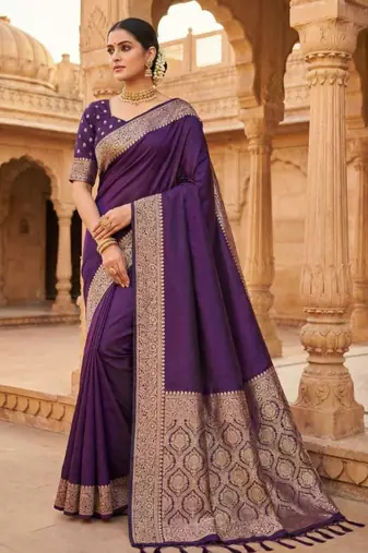 Purple soft banarasi silk fabric saree with natural zari weaving in gala border