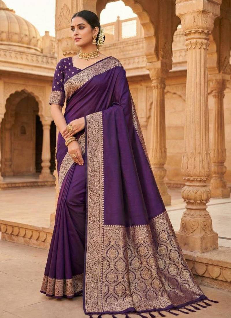 Purple soft banarasi silk fabric saree with natural zari weaving in gala border