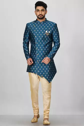 Teal green anghrakha pattern work with fawn pipe in indo western