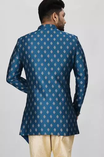 Teal green anghrakha pattern work with fawn pipe in indo western