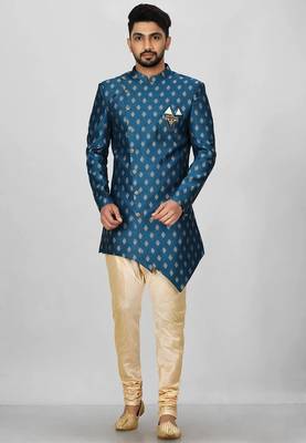 Teal green anghrakha pattern work with fawn pipe in indo western 4