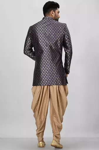 Navy blue anghrakha pattern work indo western