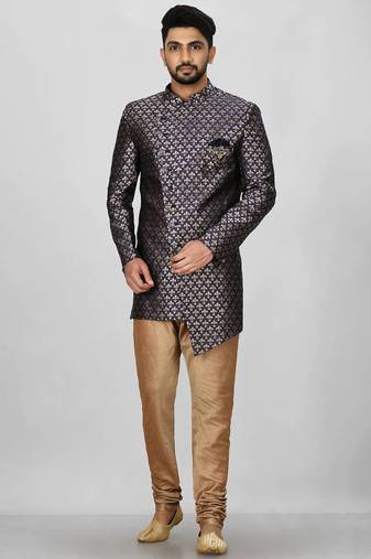 Navy blue anghrakha pattern work indo western