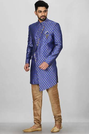 Royal blue anghrakha pattern work indo western