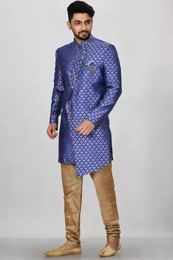 Royal blue anghrakha pattern work indo western