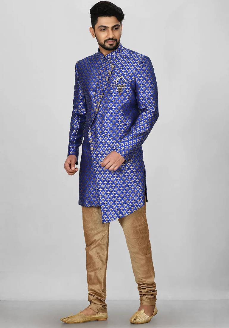 Royal blue anghrakha pattern work indo western
