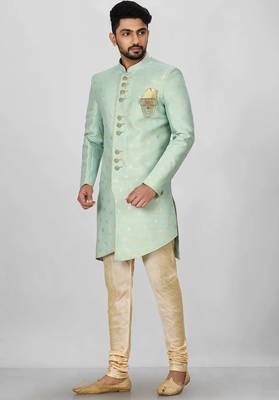 Sea green anghrakha pattern work indo western 3
