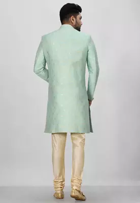 Sea green anghrakha pattern work indo western 2