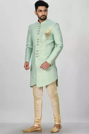 Sea green anghrakha pattern work indo western