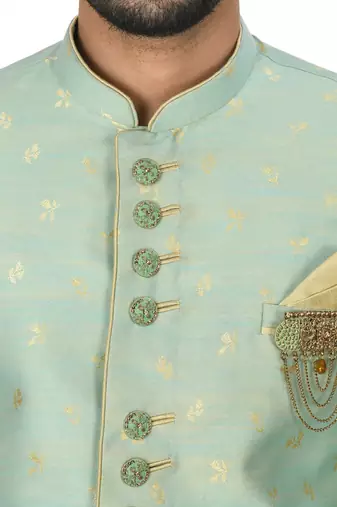 Sea green anghrakha pattern work indo western