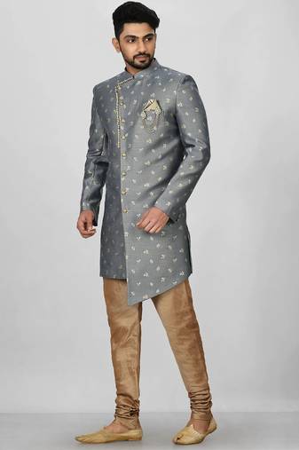 Dark grey anghrakha pattern work indo western
