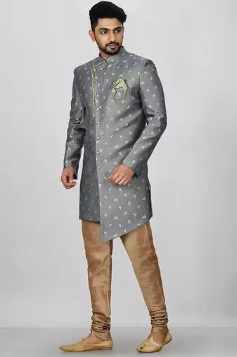 Dark grey anghrakha pattern work indo western