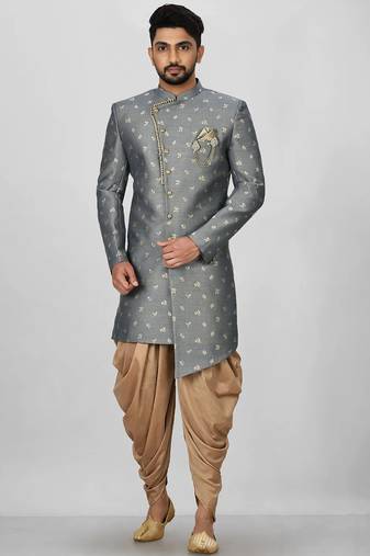 Dark grey anghrakha pattern work indo western