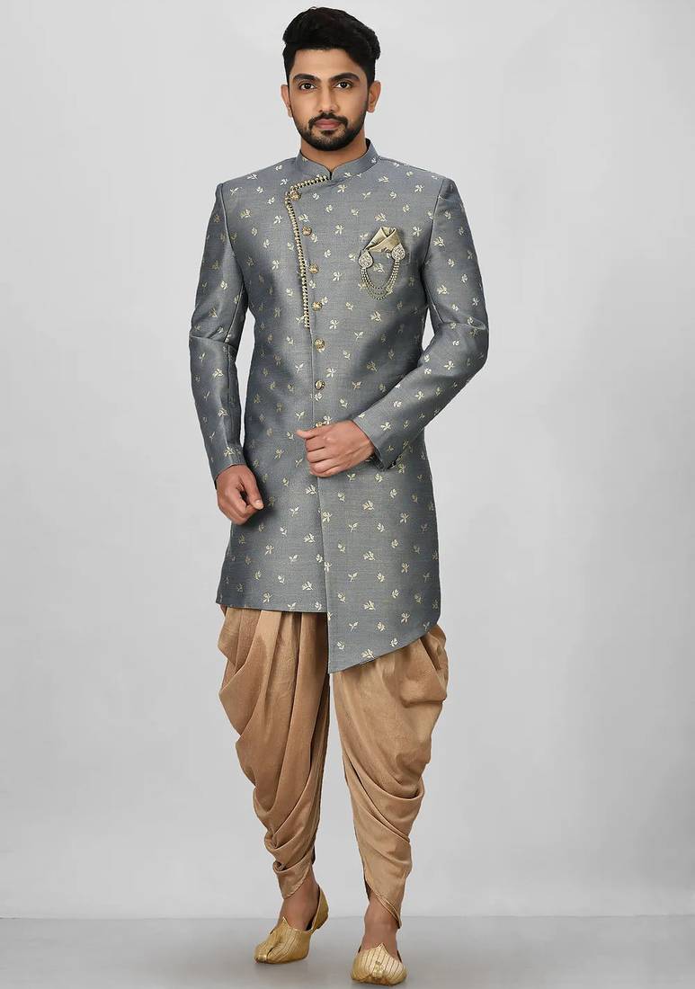 Dark grey anghrakha pattern work indo western