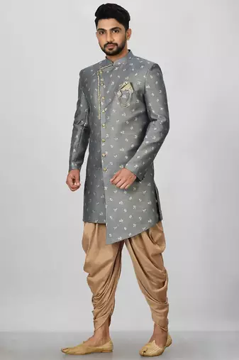Dark grey anghrakha pattern work indo western