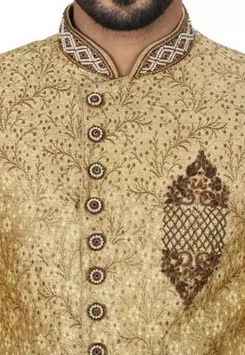 Gold straight pattern work on zari jamewar fabric with hand work on collar ,hand and front indo western 5