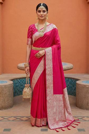 Pink soft banarasi silk fabric saree with natural zari weaving in gala border
