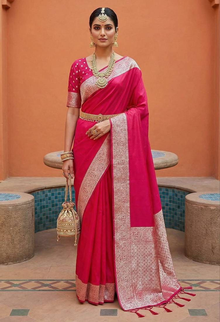 Pink soft banarasi silk fabric saree with natural zari weaving in gala border