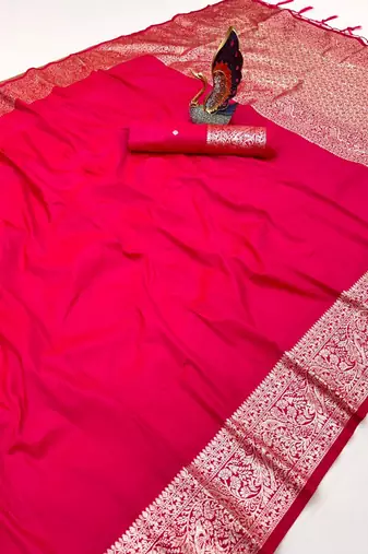 Pink soft banarasi silk fabric saree with natural zari weaving in gala border