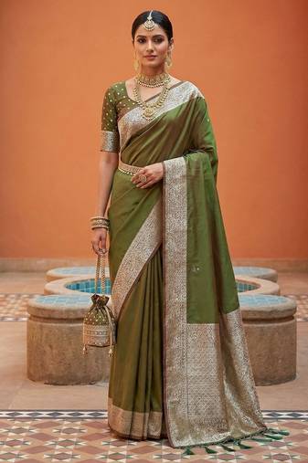 Green soft banarasi silk fabric saree with natural zari weaving in gala border