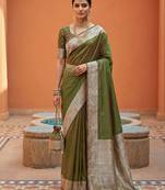Green soft banarasi silk fabric saree with natural zari weaving in gala border