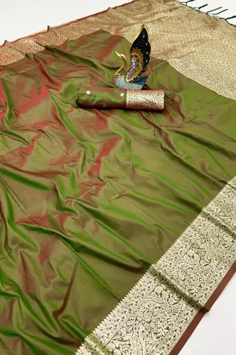 Green soft banarasi silk fabric saree with natural zari weaving in gala border