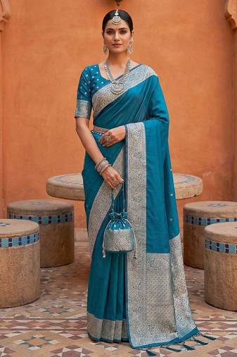 Teal soft banarasi silk fabric saree with natural zari weaving in gala border