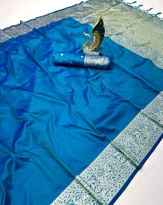 Teal soft banarasi silk fabric saree with natural zari weaving in gala border 2