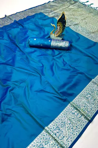 Teal soft banarasi silk fabric saree with natural zari weaving in gala border