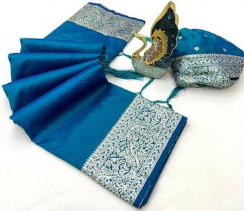 Teal soft banarasi silk fabric saree with natural zari weaving in gala border 3