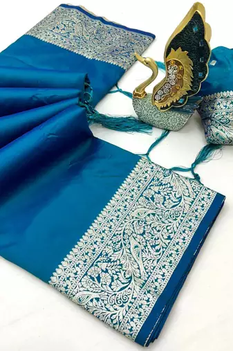 Teal soft banarasi silk fabric saree with natural zari weaving in gala border