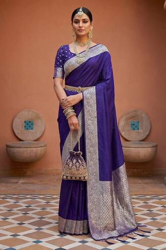 Violet  soft banarasi silk fabric saree with natural zari weaving in gala border